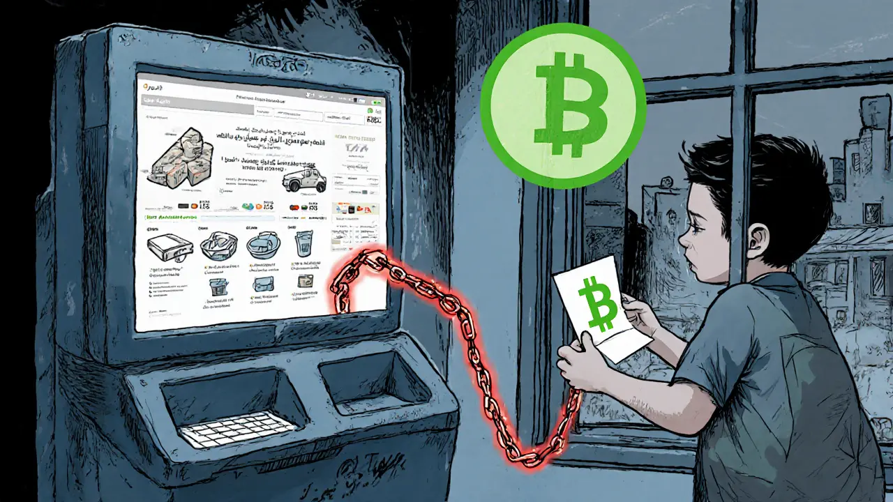 A government CBDC monitor tracks every purchase as a citizen&#039;s wrist is chained, while crypto resistance persists outside.