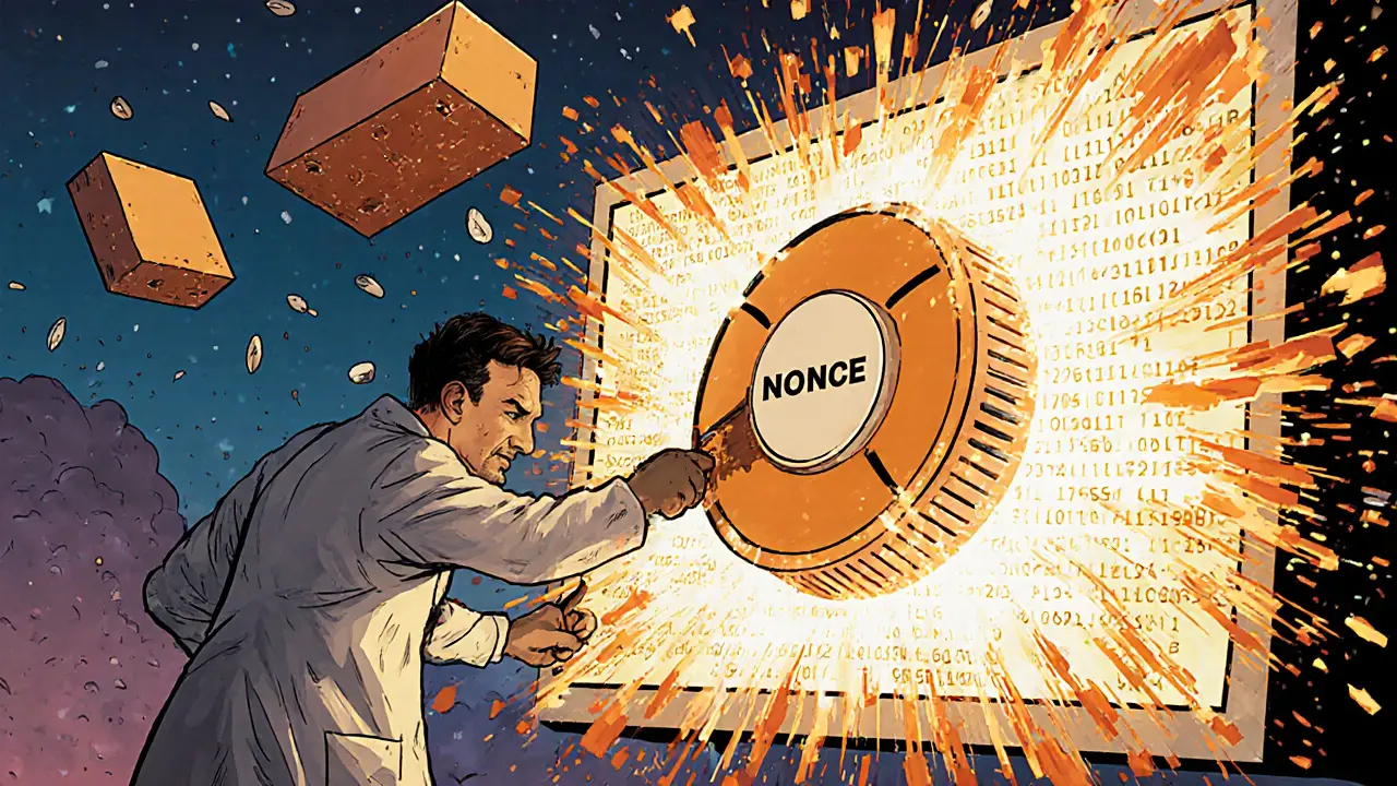 A miner spins a giant nonce dial, focused on a glowing block header while ignoring the transaction-heavy block body.