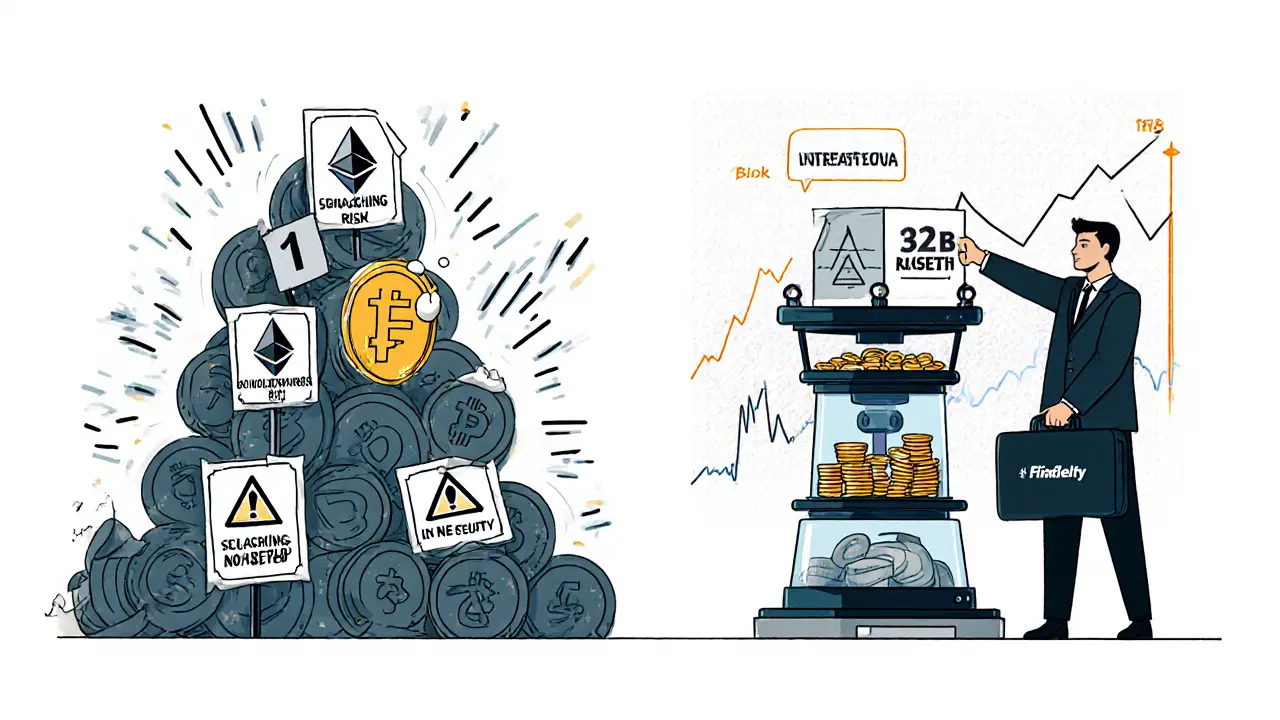 A nervous retail investor overwhelmed by risk signs vs. a confident institutional investor placing ETH into a reward machine.