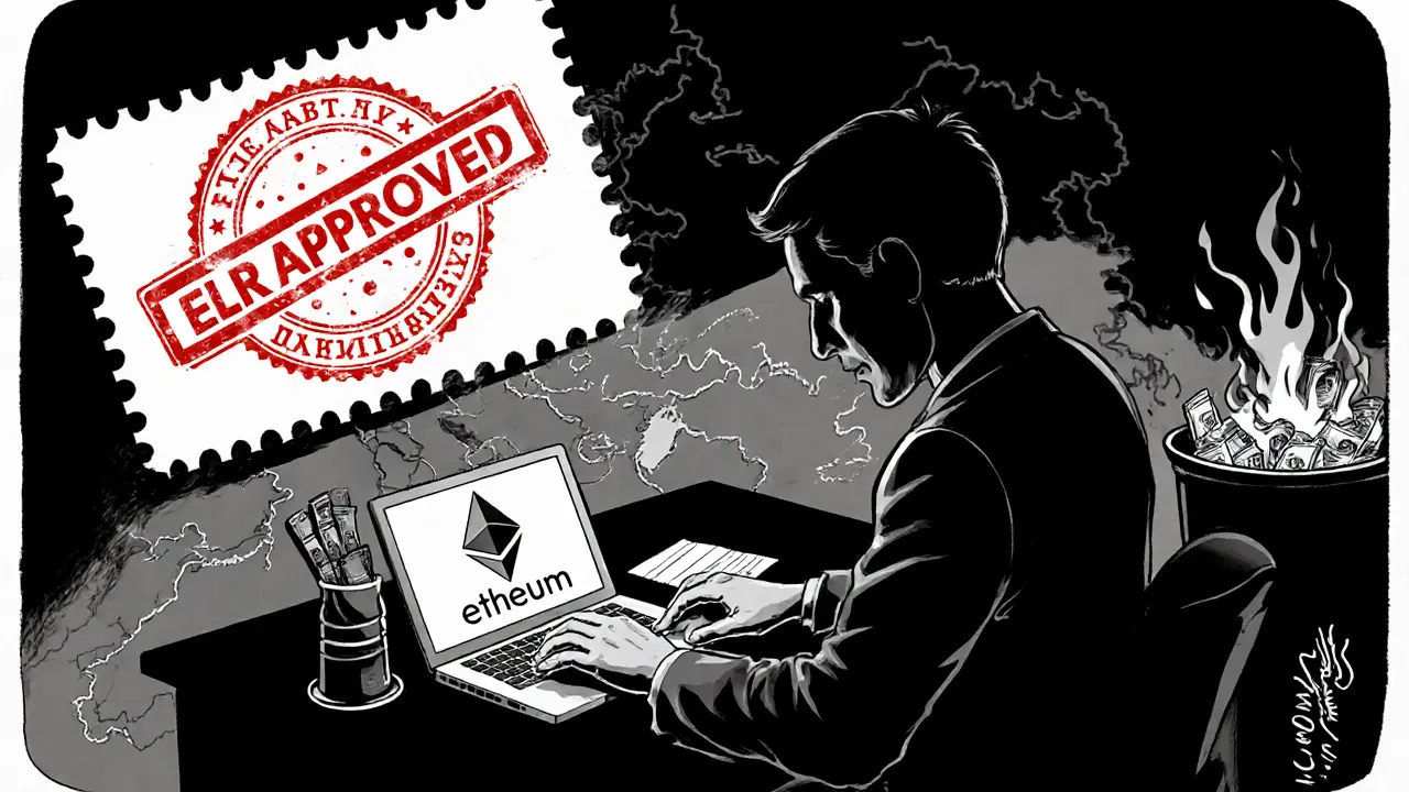 A Russian businessman sends crypto to a foreign company under the ELR loophole, while rubles burn in the background.