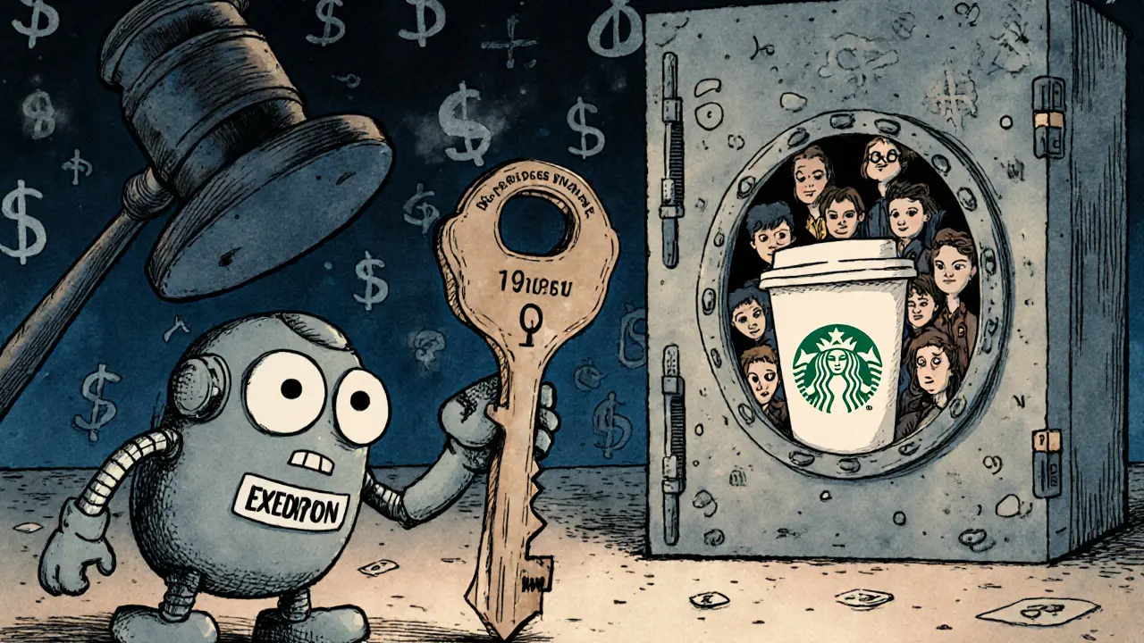 A tiny robot unlocking a vault with one coffee cup labeled SBUXon, watched by 34 tiny investors under a looming SEC gavel.