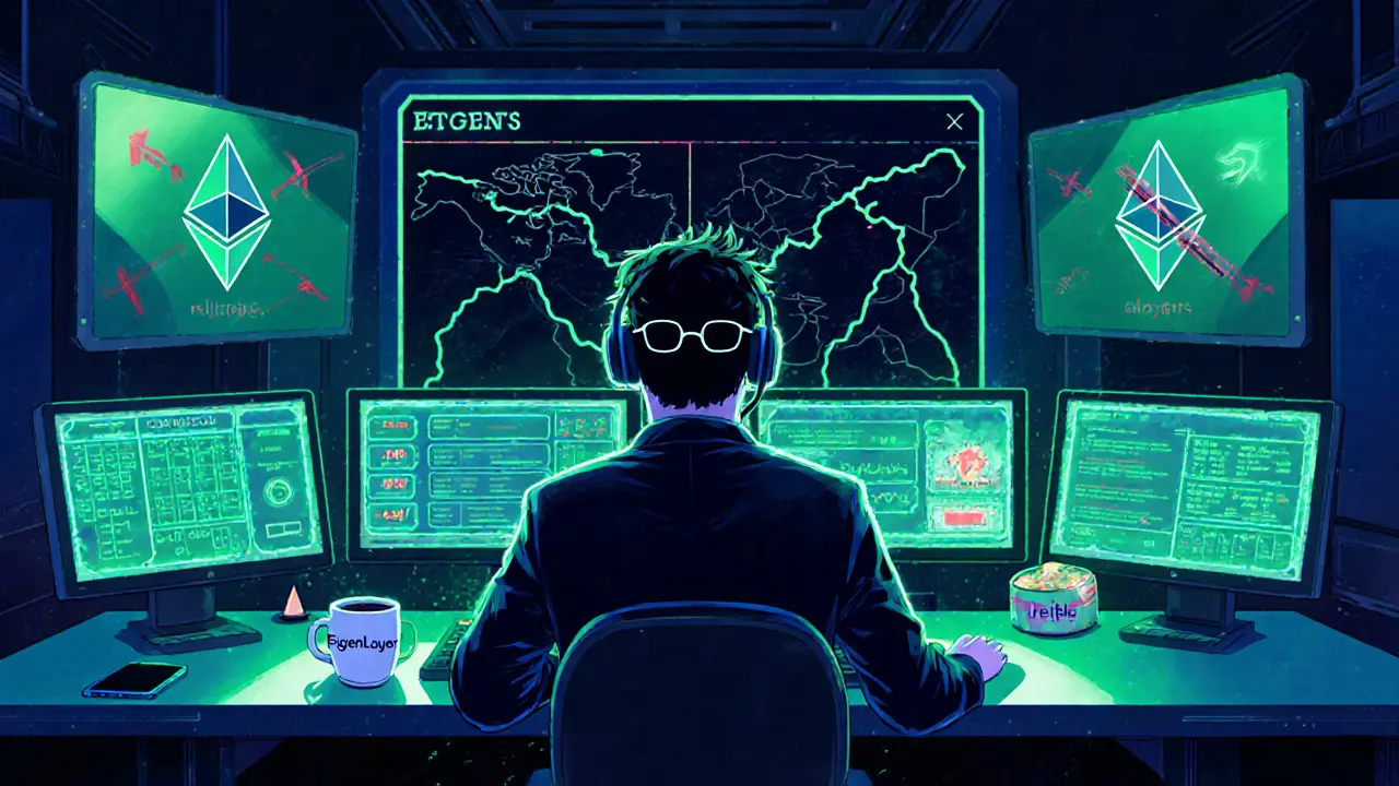 A validator in a control room monitoring five glowing dashboards with slashing alerts and reward streams.