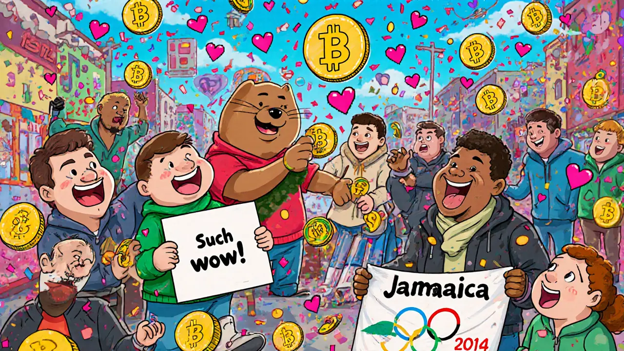 A vibrant online community of cartoon characters tipping Dogecoins, with a bobsled team receiving donations.