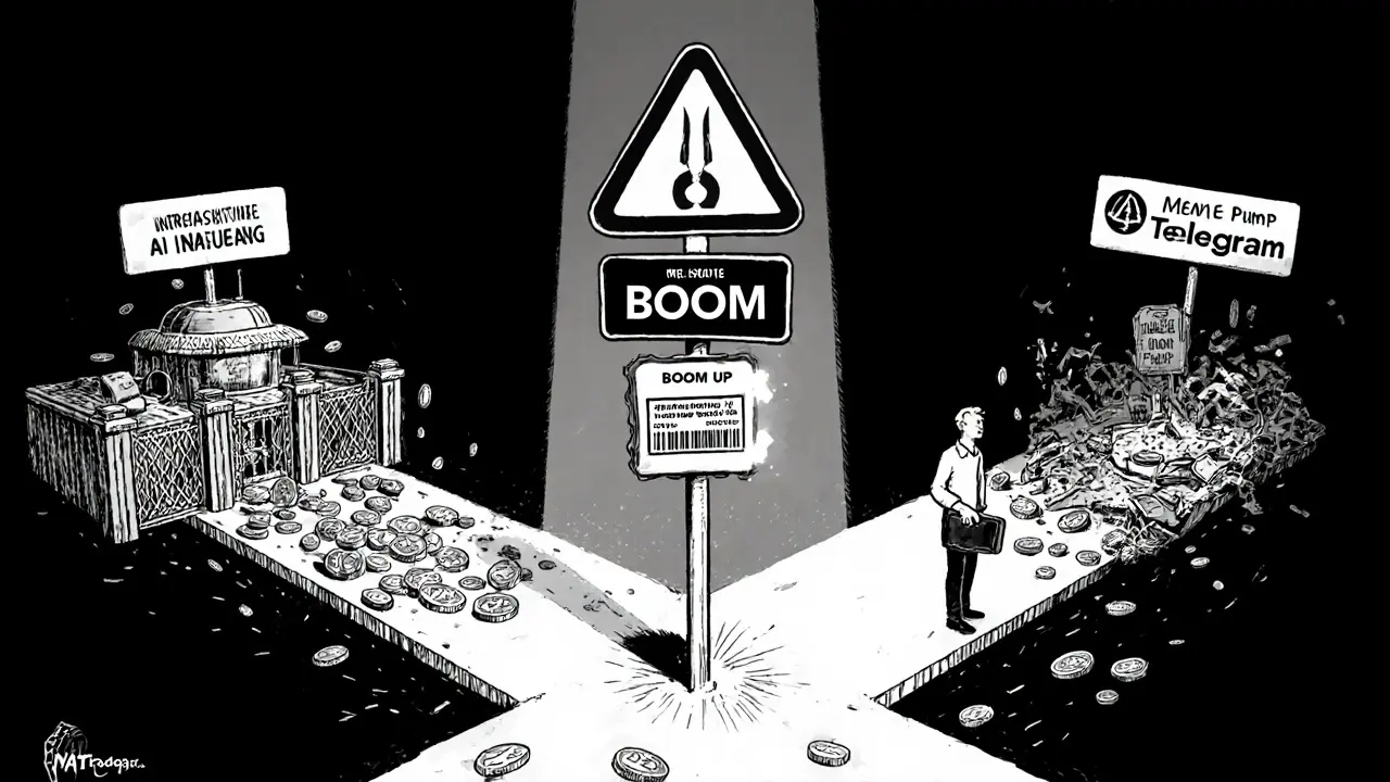 A warning crossroads with three paths for BOOM tokens, showing tech, scam, and game options.