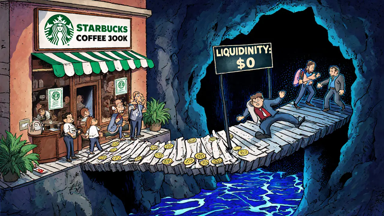 A wobbly bridge of crypto tokens connects a Starbucks café to a dark DeFi cave, one investor falling into a &#039;Liquidity: <h2>Why Does This Even Exist?</h2>&#039; void.