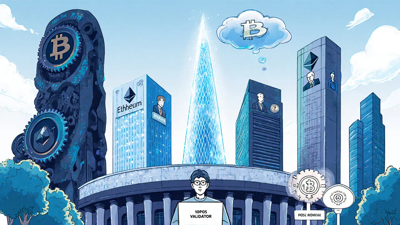 Blockchain city with towers representing PoW, PoS, PoA, and DPoS, user holding laptop.