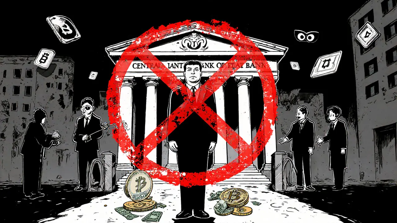Central Bank official crushes crypto symbols with a giant red prohibition stamp, while citizens trade in shadows.