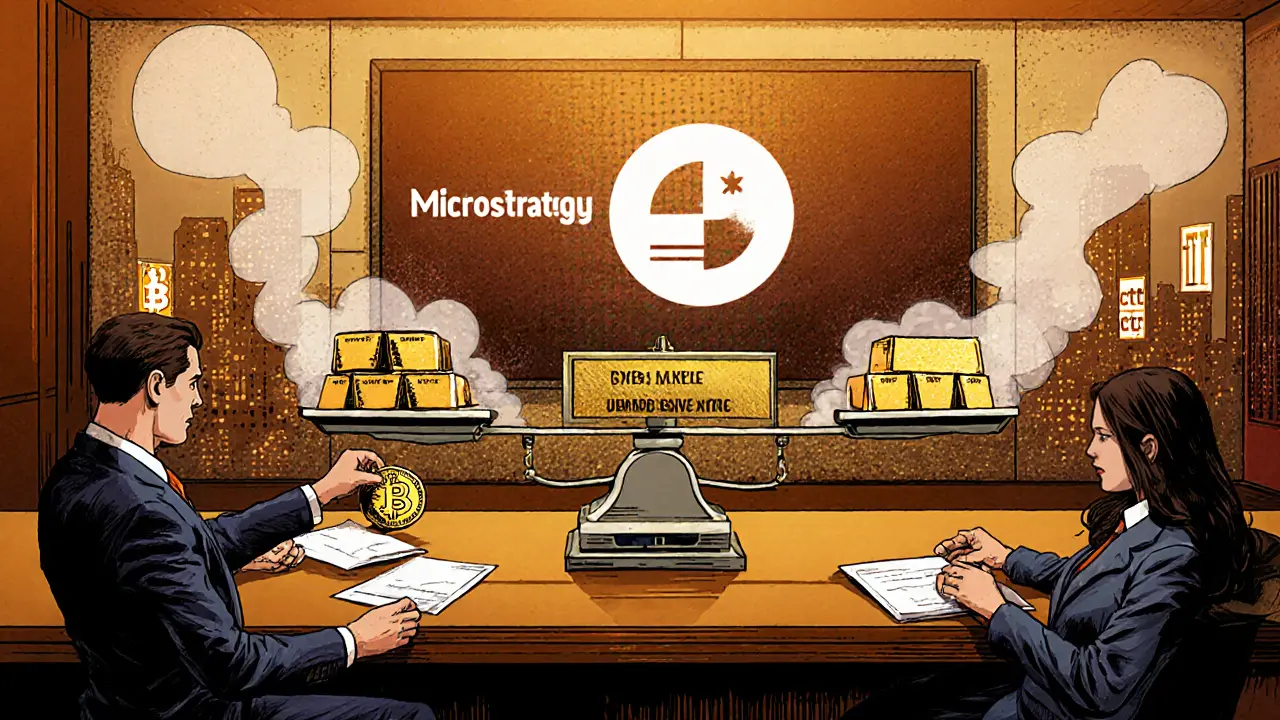 Corporate executives placing Bitcoin coins into a treasury vault alongside gold bars.