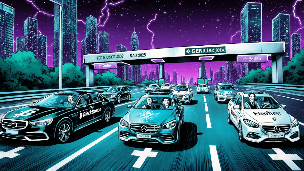 Institutional investors driving cars along a futuristic financial highway with crypto lanes.
