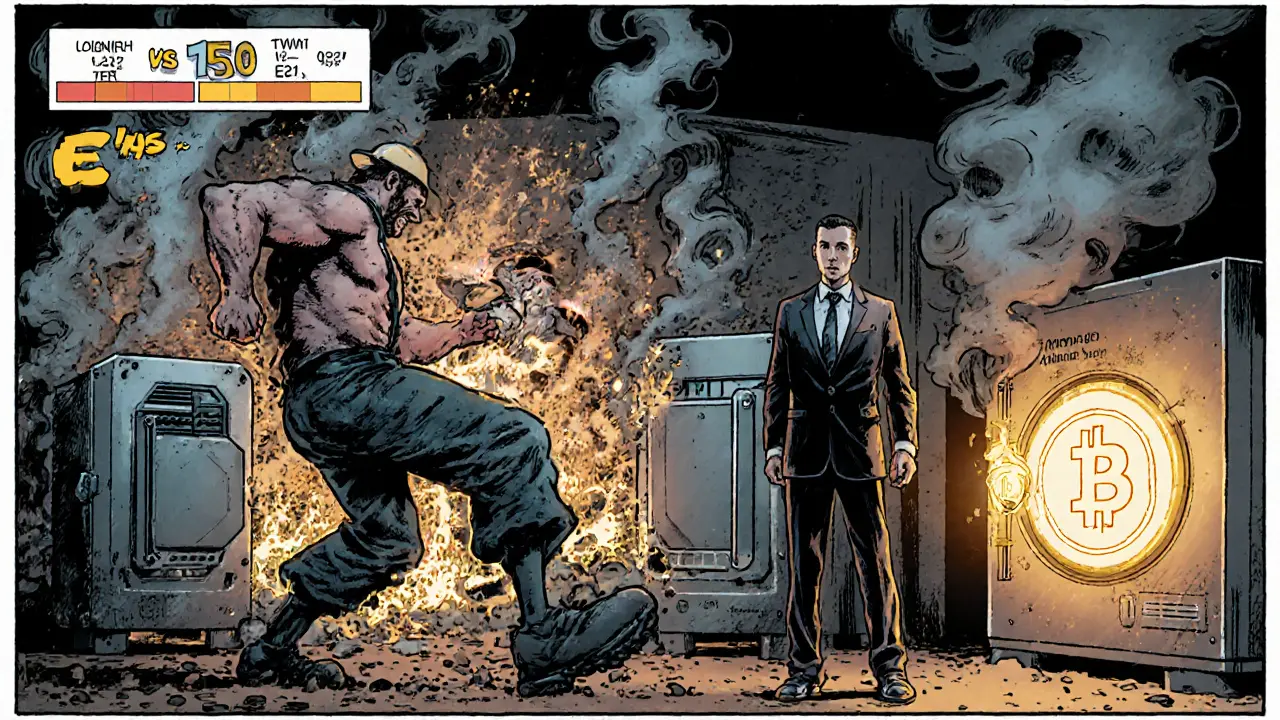 Miner racing against a validator, with energy use shown as smoke versus a candle.