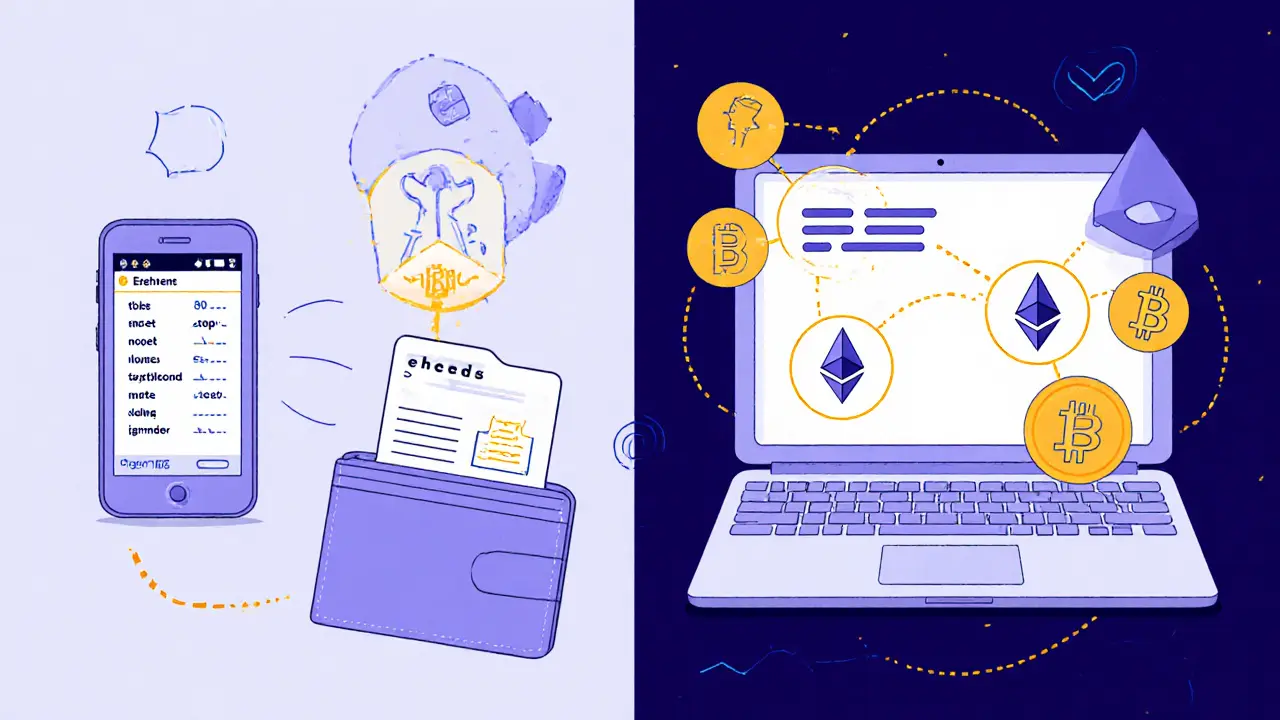 Side-by-side: Bitcoin&#039;s simple header vs Ethereum&#039;s complex header, with a phone easily verifying the former.