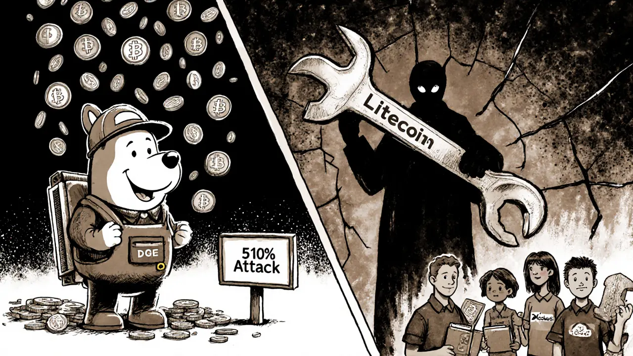 Split scene: a miner celebrates DOGE rewards on one side, while a security threat looms on the other, with users holding safe wallets.