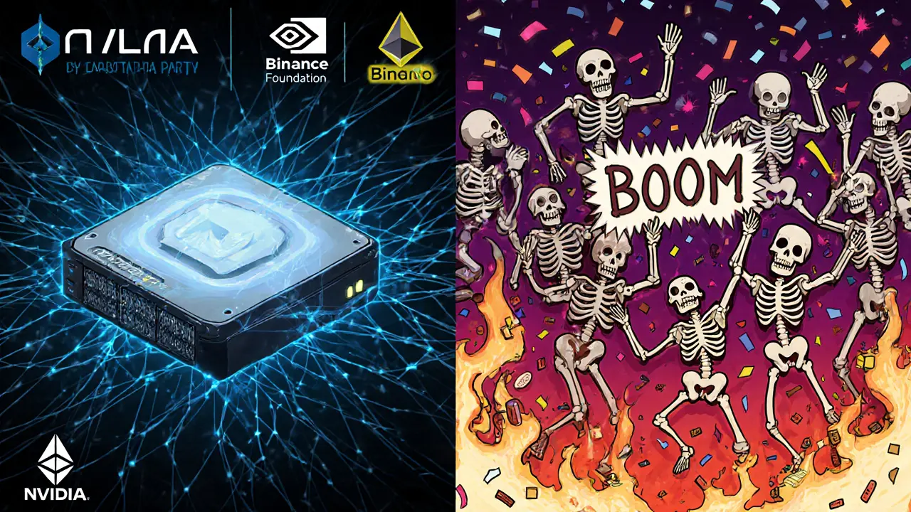 Split scene: AI-powered Solana BOOM on one side, wild Ethereum meme coin party on the other.