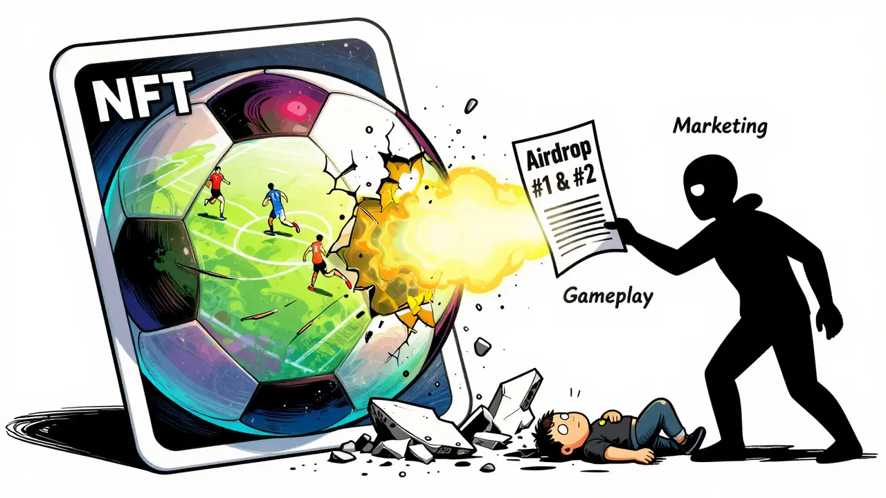 A cracked football NFT card splitting between vibrant gameplay and crumbling digital dust, symbolizing failed execution.