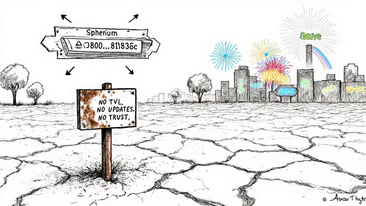 A desolate digital wasteland with a lone, inactive contract address, while thriving crypto projects glow in the distance.