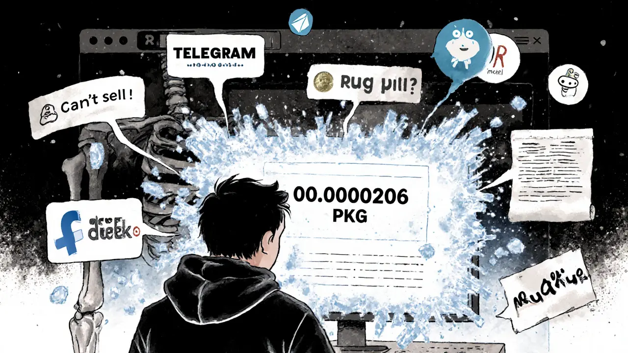 A lonely investor stares at a frozen screen showing near-zero PKG value, surrounded by fading online warnings.