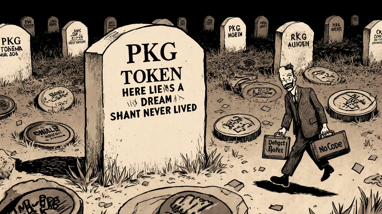 A tombstone for PKG Token stands among other dead crypto coins as a developer walks away, leaving behind abandoned code.