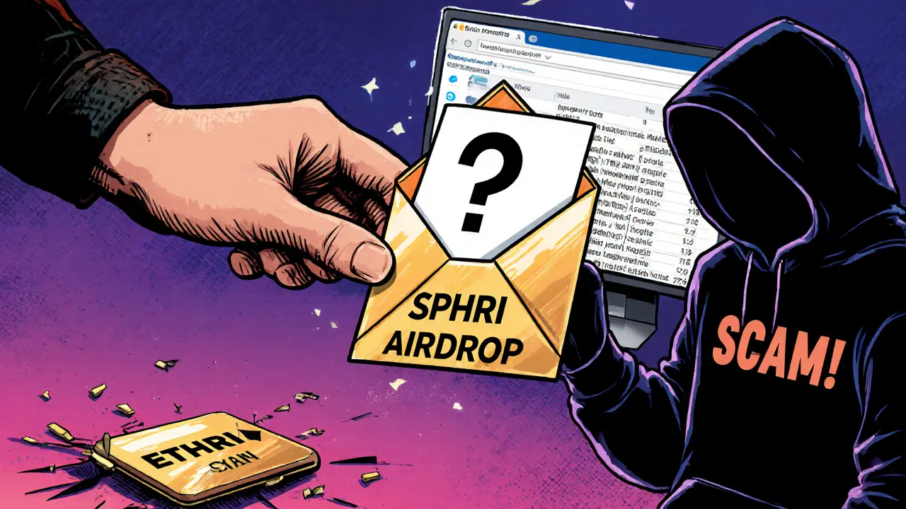 A wallet opens an envelope labeled &#039;SPHRI Airdrop&#039; to find nothing, while a scammer watches nearby.