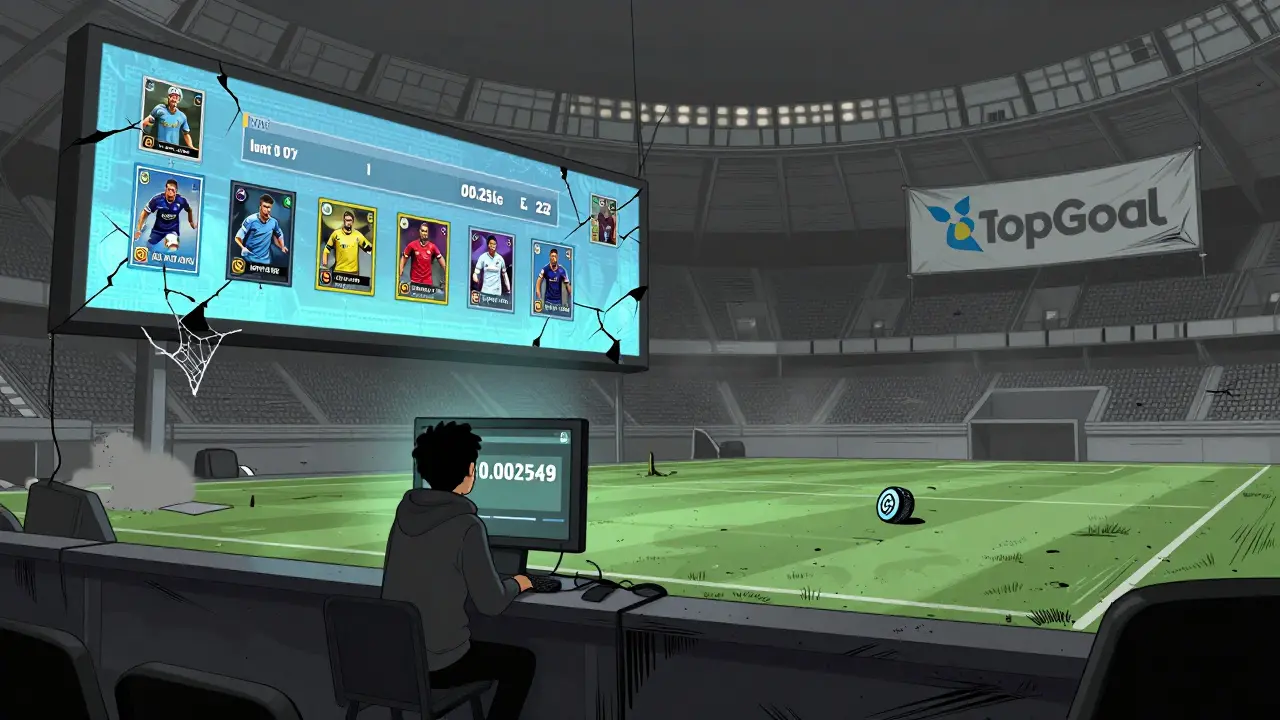An abandoned football metaverse arena with fading NFT screens and a lone figure staring at a low token price on a monitor.