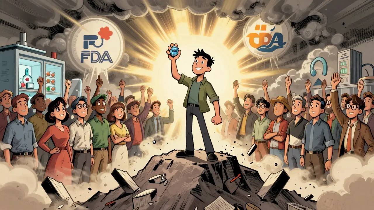 An individual holds an IP token as corporate patents crumble, symbolizing decentralized science triumph.