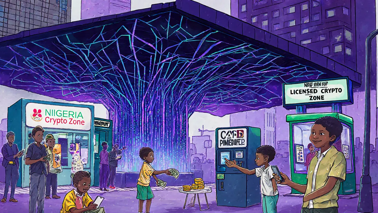 Blockchain network connects Nigerian citizens using crypto, with Moniepoint kiosks and NIBSS terminals in cityscape.