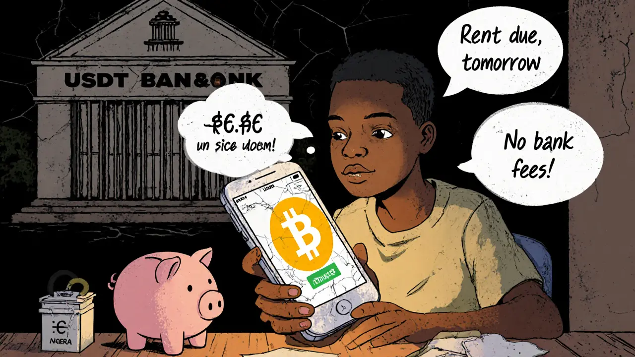 Nigerian freelancer receives USDT payment on phone while empty naira piggy bank sits nearby.