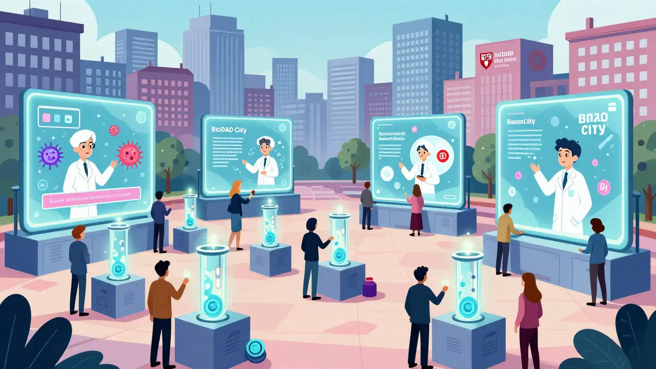 People vote with BIO tokens in a futuristic BioDAO City filled with holographic research proposals.