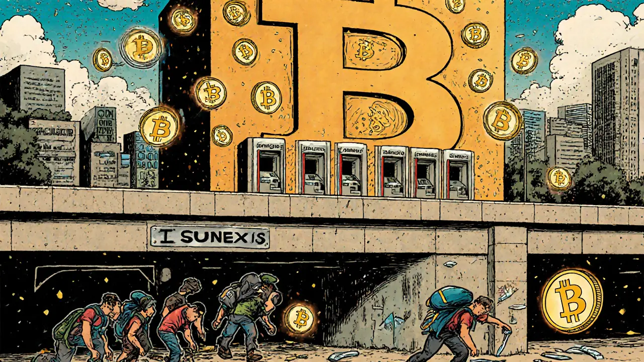 A Bitcoin-shaped bank towers over the city as citizens deposit crypto, while miners crawl through tunnels below.