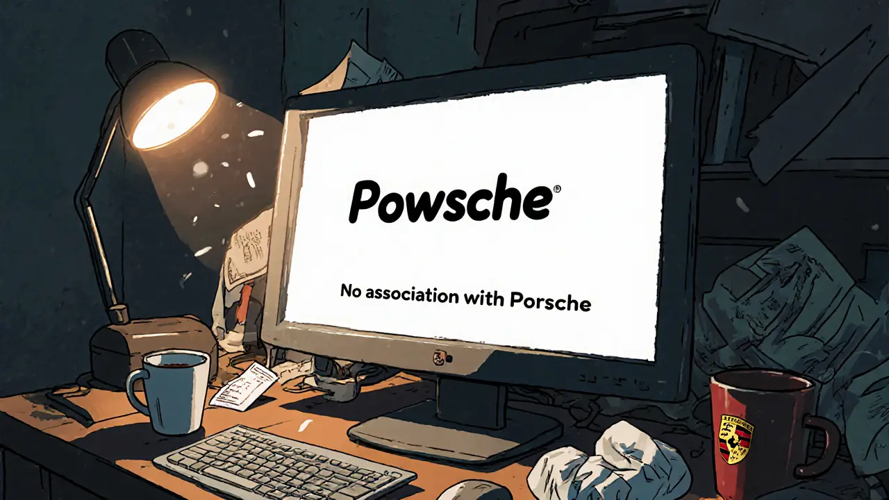 A computer screen showing the Powsche disclaimer with a coffee cup and  bill on a cluttered desk.