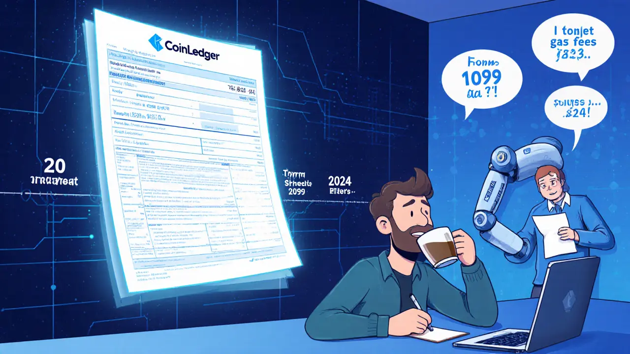 A futuristic crypto tax dashboard auto-fills Form 8949 while a user watches in relief.