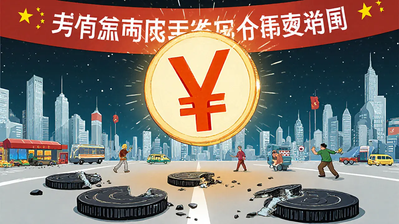 A glowing digital yuan coin dominates a city where everyone uses it, while shattered crypto coins lie broken below.