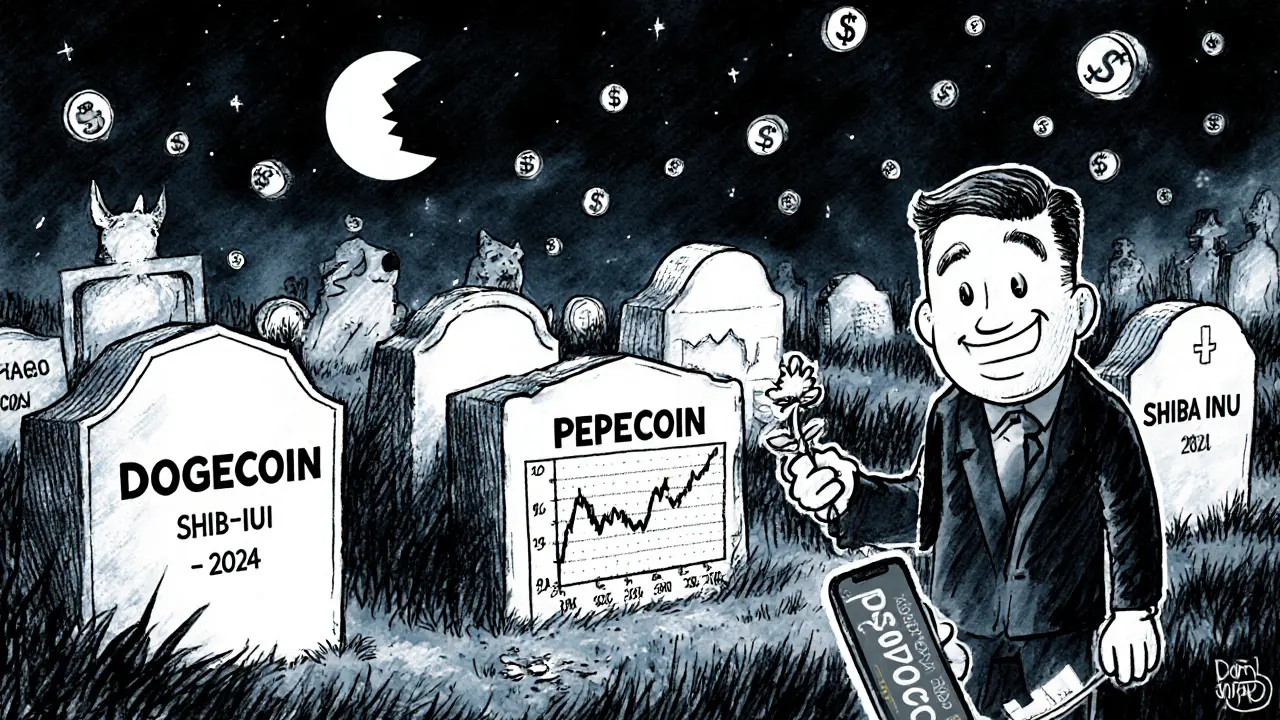 A meme coin graveyard with a small tombstone for Powsche, as a smiling investor tosses a flower nearby.