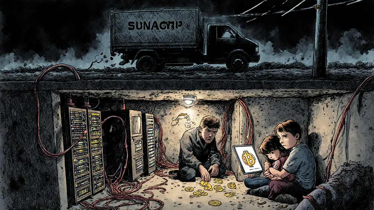 A miner works in a dark basement as a government truck cuts the power outside, while a family watches a Bitcoin balance.