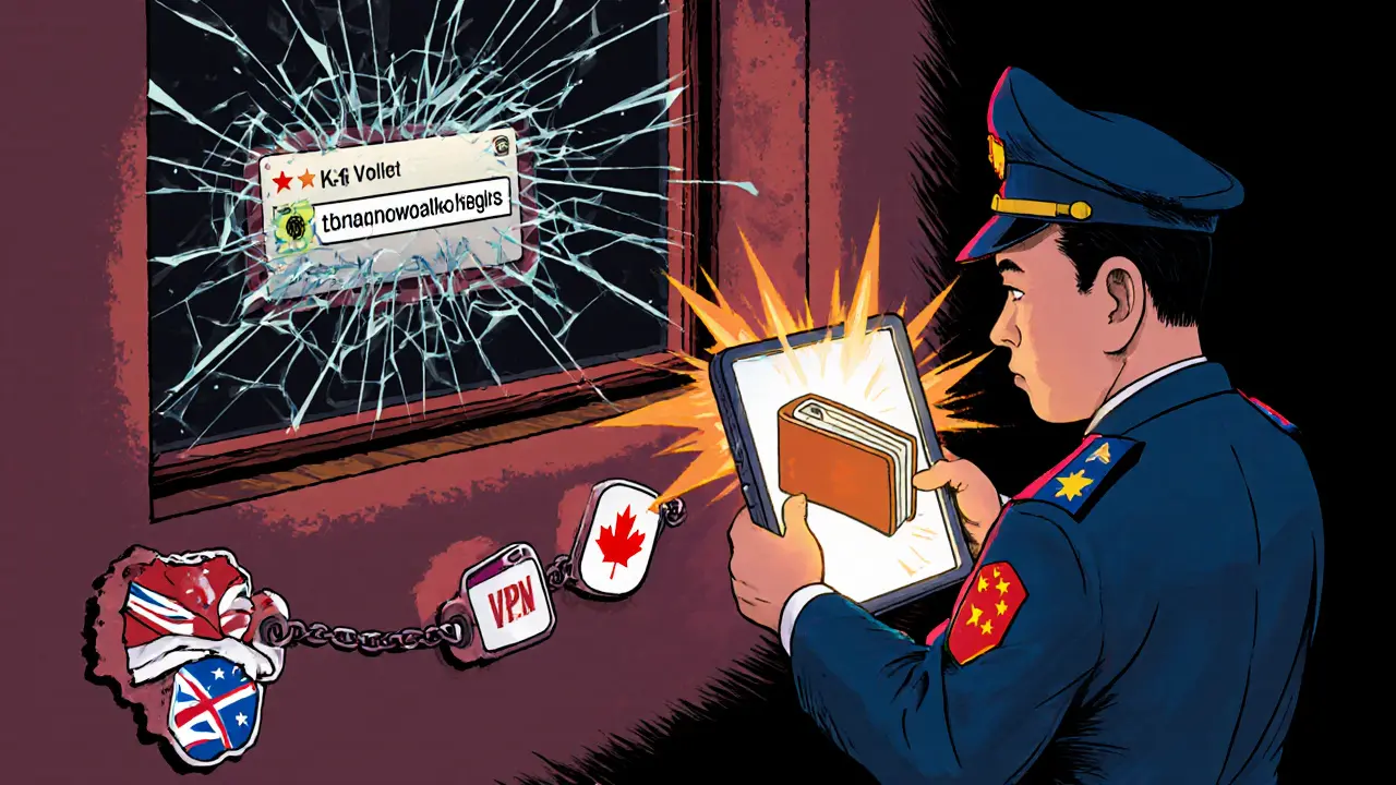 A police officer tracks a hidden crypto wallet through a tablet as a VPN shatters and international links connect the scene.