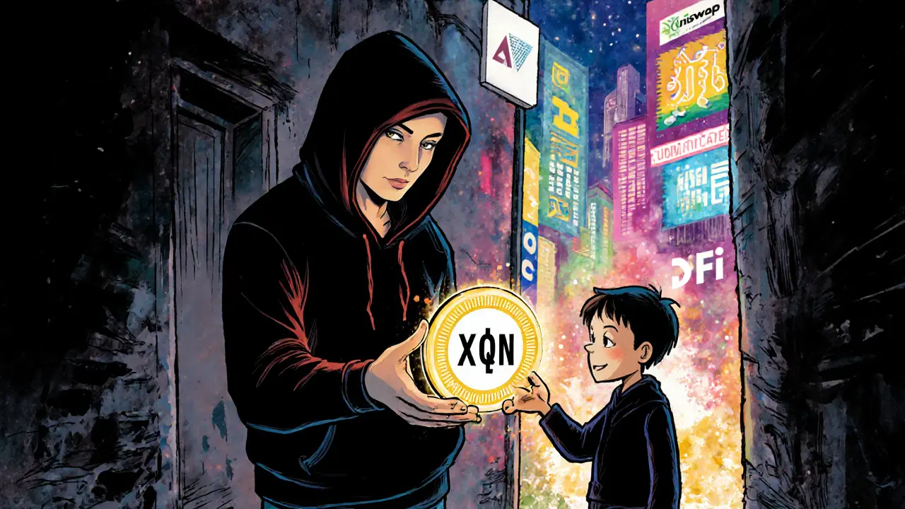 A shady figure sells a fake XQN token while real crypto projects glow brightly in the distance.