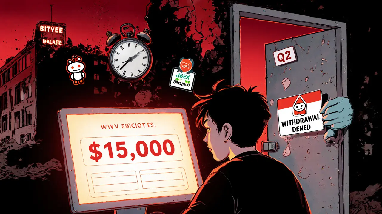 A user sees a fake crypto balance as a &#039;Withdrawal Denied&#039; hand slams shut, with a crumbling BitxEX building in the distance.