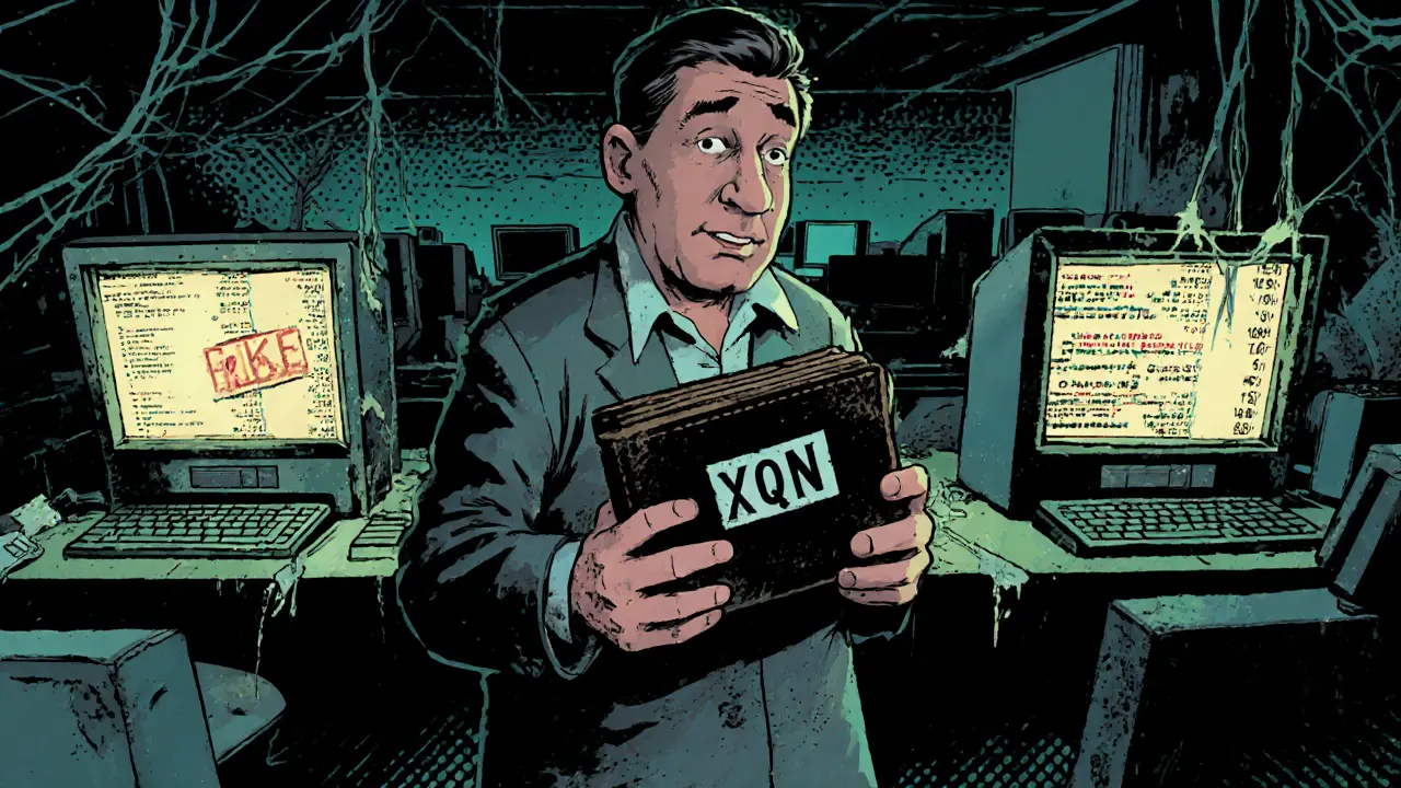 An investor holds a dusty XQN wallet in an abandoned exchange filled with dark, silent screens.