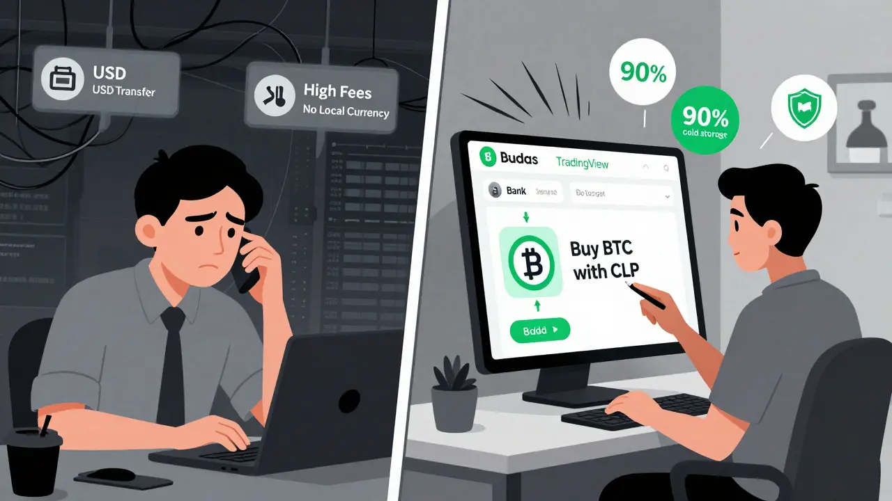 Comparison of complicated global exchange vs. simple Buda direct local currency trading.