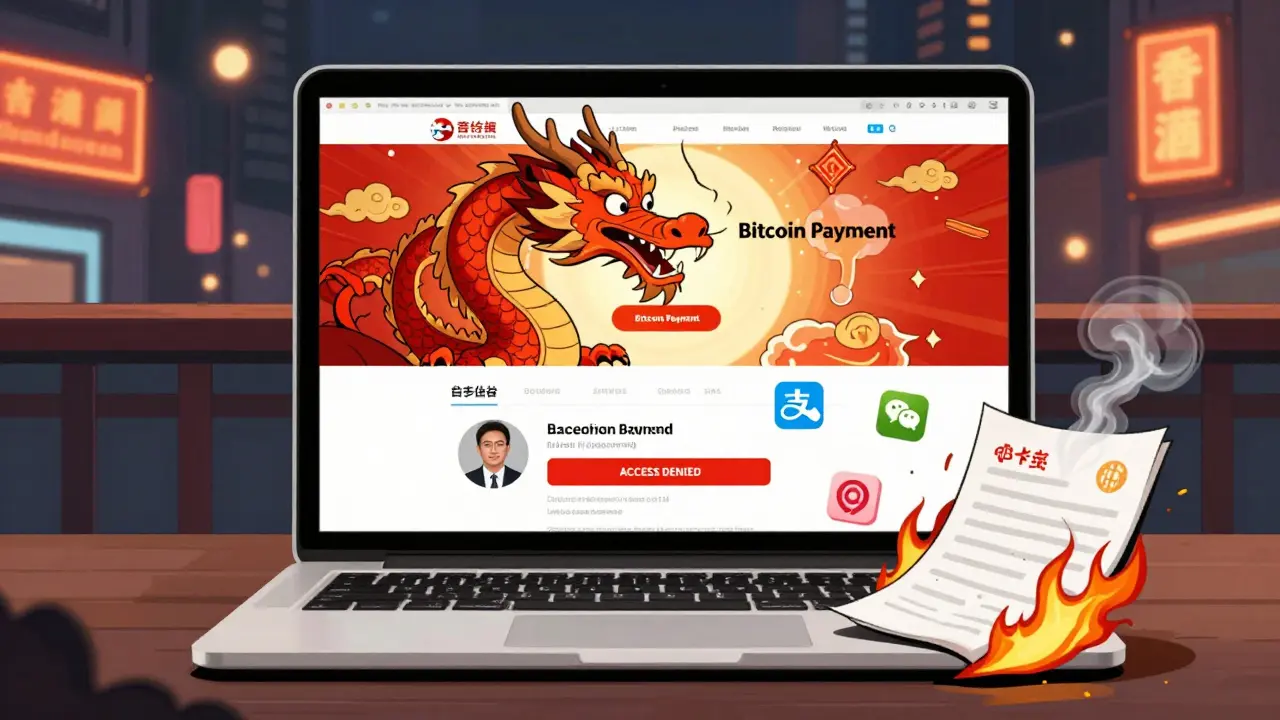 Foreign website blocks crypto payment for Chinese customer, digital yuan icons dominate.