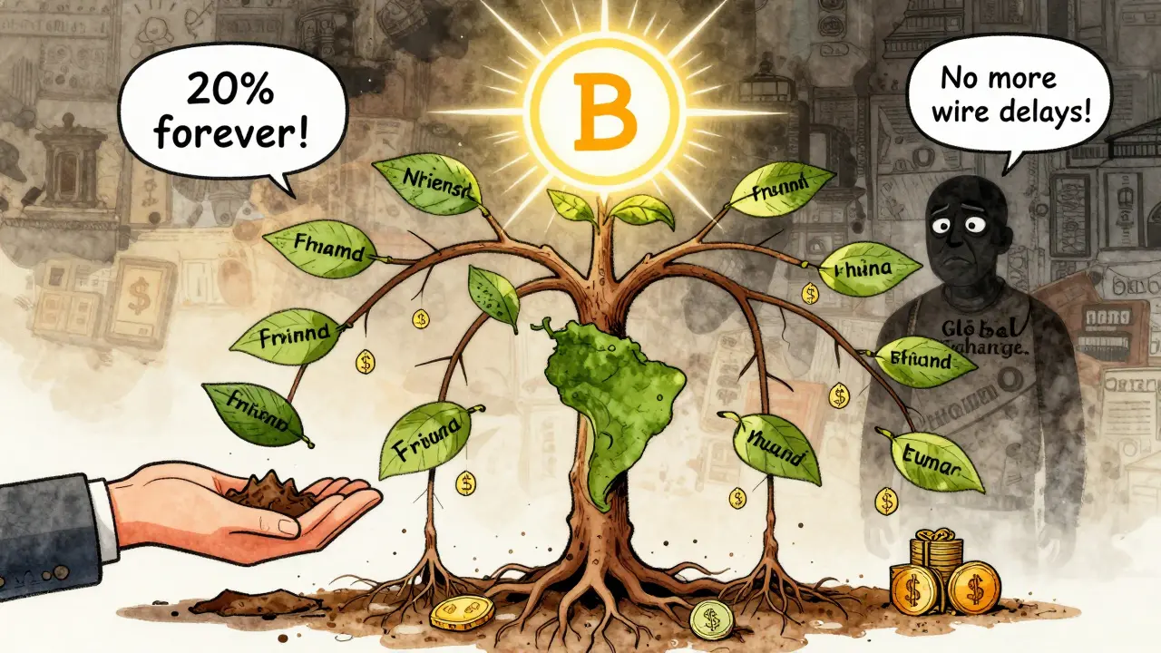 Referral tree growing from a Buda user, spreading across Latin America with dollar signs on leaves.