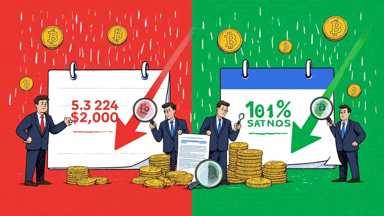 Split cartoon scene showing short-term vs long-term crypto gains and their different tax rates.