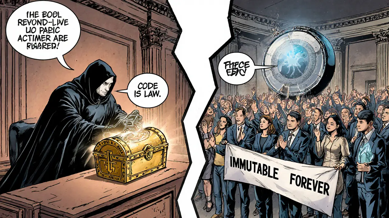 The DAO fork as a courtroom drama: one timeline shows theft and immutability, the other shows recovery and community action.