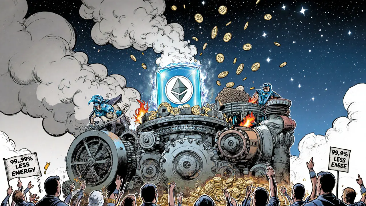 The Merge: a giant mining machine is replaced by a glowing PoS core, with energy use dropping and ETH raining down as ash.