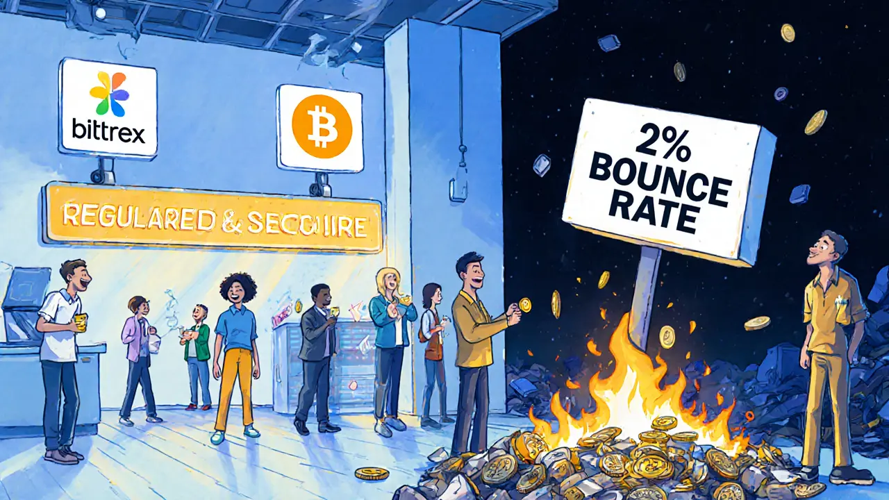 Trusted exchanges shine safely under a &#039;Regulated &amp; Secure&#039; banner, while BitxEX burns in the trash below.