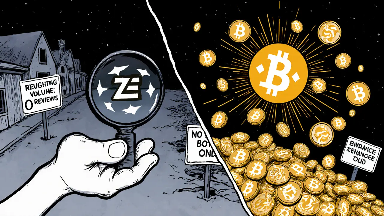 A comical scale contrasts tiny Zeddex with massive Binance, surrounded by signs of zero activity.