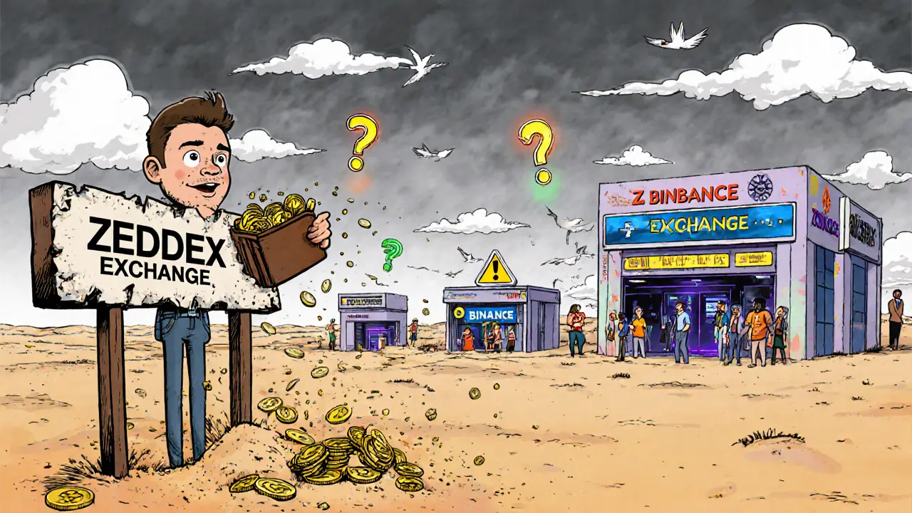 An investor watches crypto coins turn to sand at a crumbling Zeddex sign in a barren desert.