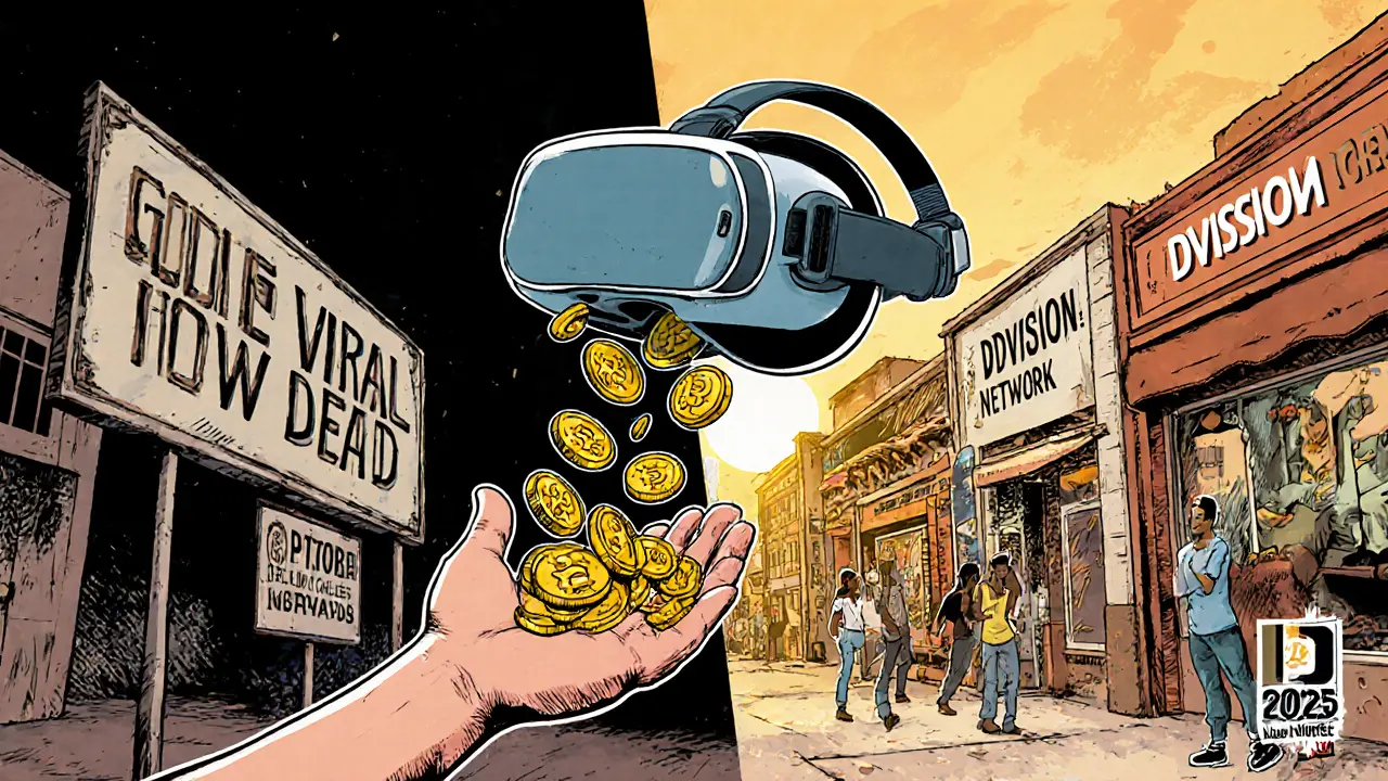 DVI tokens pouring from a VR headset into a thriving metaverse, contrasting with a dead crypto project.