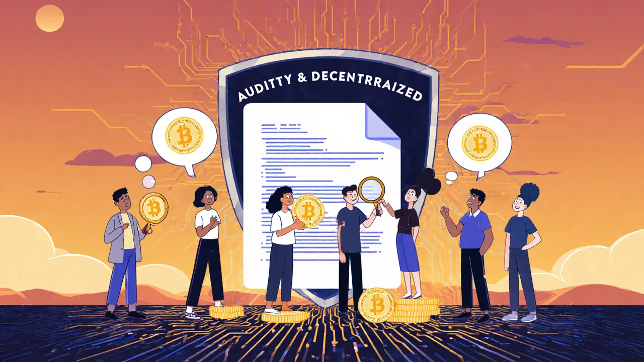 A community staking LP tokens and reviewing smart contracts under a glowing &#039;Audited &amp; Decentralized&#039; shield.