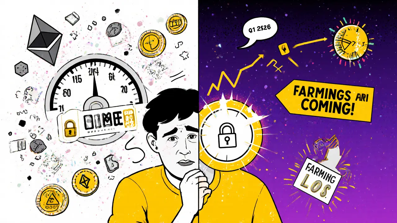 A new user waits for a bridge transfer, surrounded by locked CAKE rewards and a roadmap to future farming.