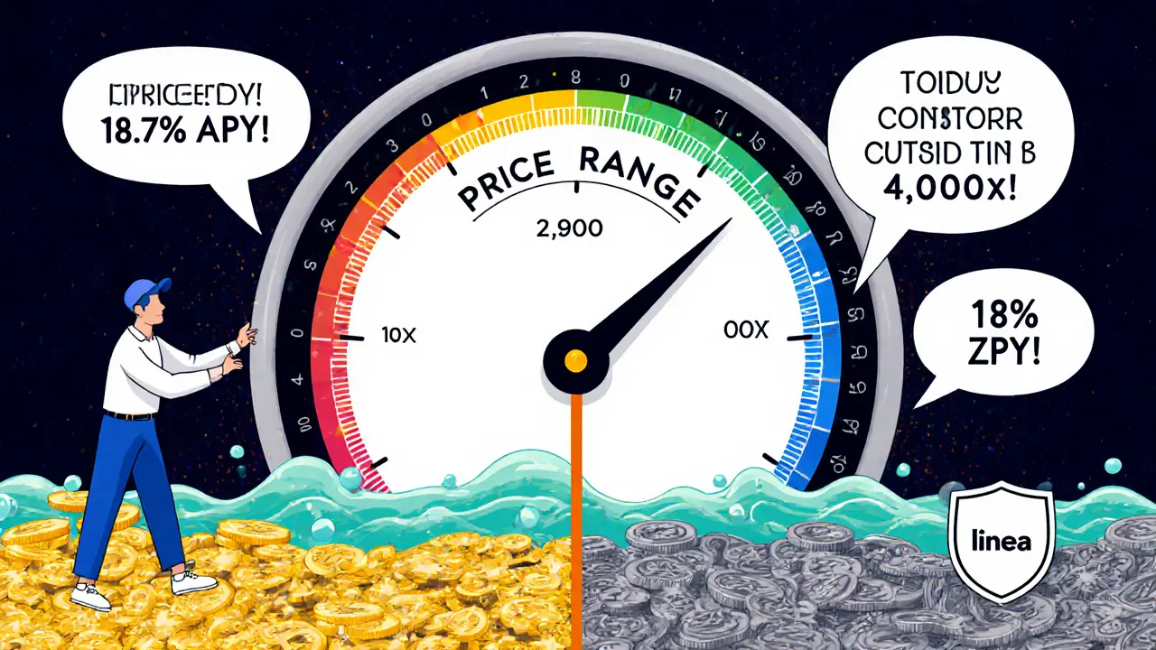 A trader adjusts a price range dial, unlocking 4,000x capital efficiency with shimmering liquidity pools.